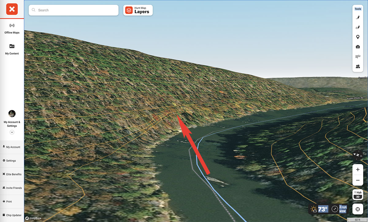 Photo of a 3D onX map pointing out a terrain bluff that may funnel deer movement.