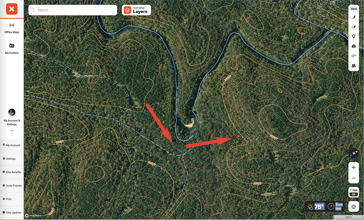 Photo of an onX map, pointing out a bend in the river that could funnel deer movement.