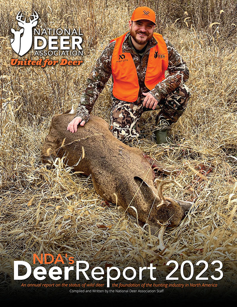 Cover of the 2023 NDA Deer Report with a hunter and the buck he harvested.