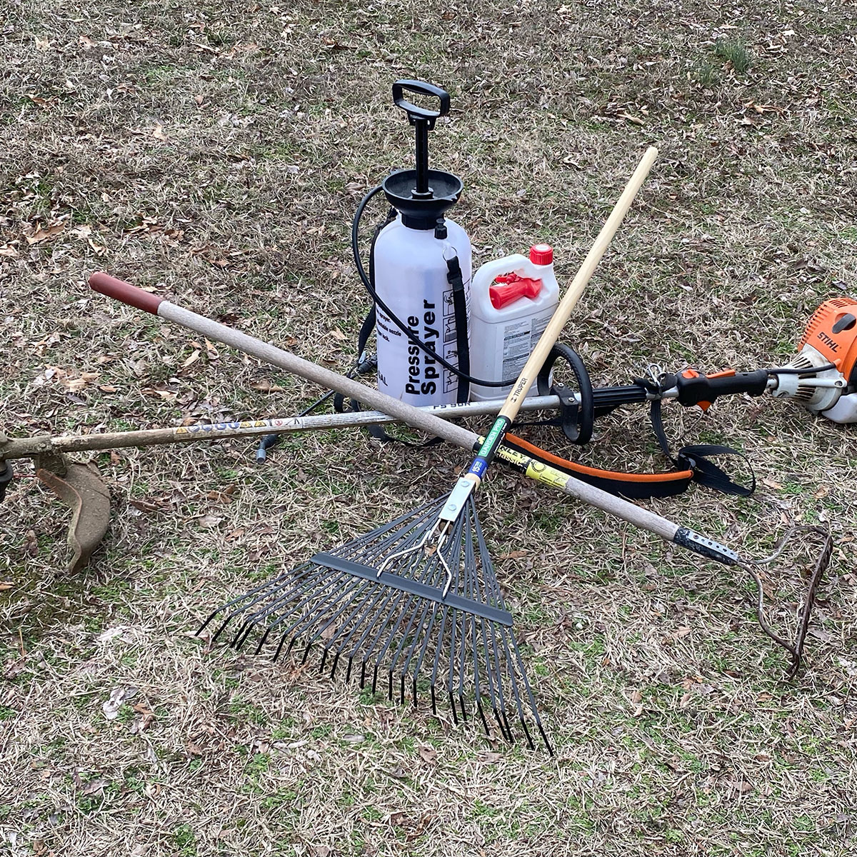 Photo of the various hand tools used to create a small food plot.