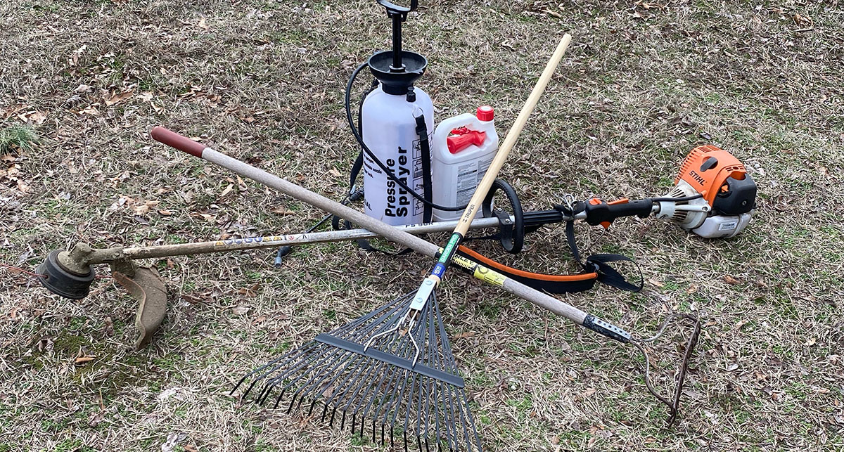 Photo of the various hand tools used to create a small food plot.